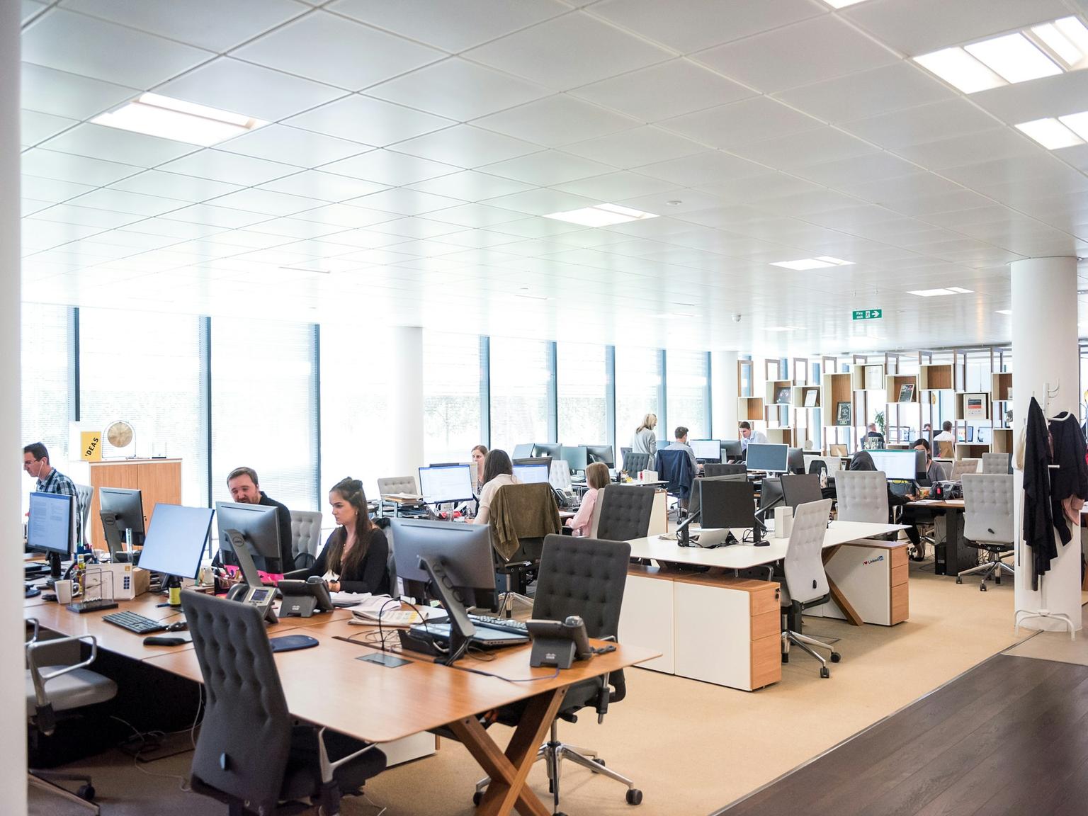 A bright open-plan office where staff work at rows of desks and computer monitors